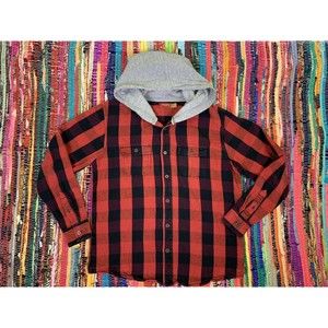 Red Camel Boys Red Black Plaid Flannel Hoodie XL Button Up Long Sleeve Shirt